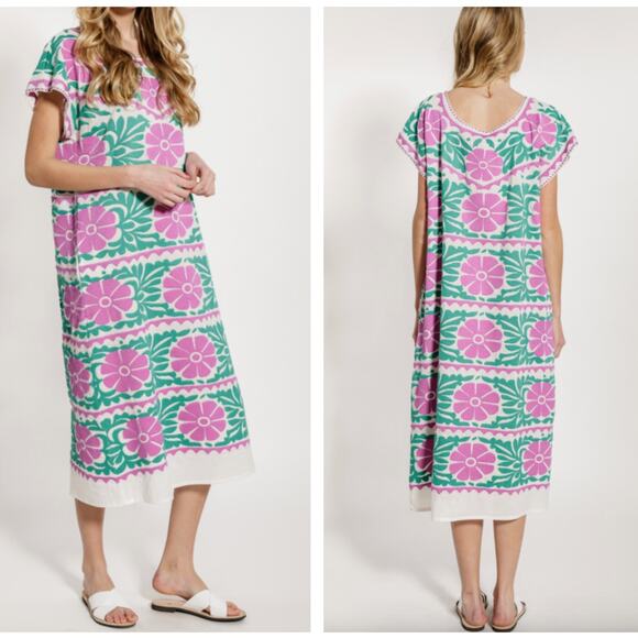 NIMO WITH LOVE Sorrento Kaftan Midi Dress Embroidered Purple Green {3V32} Women